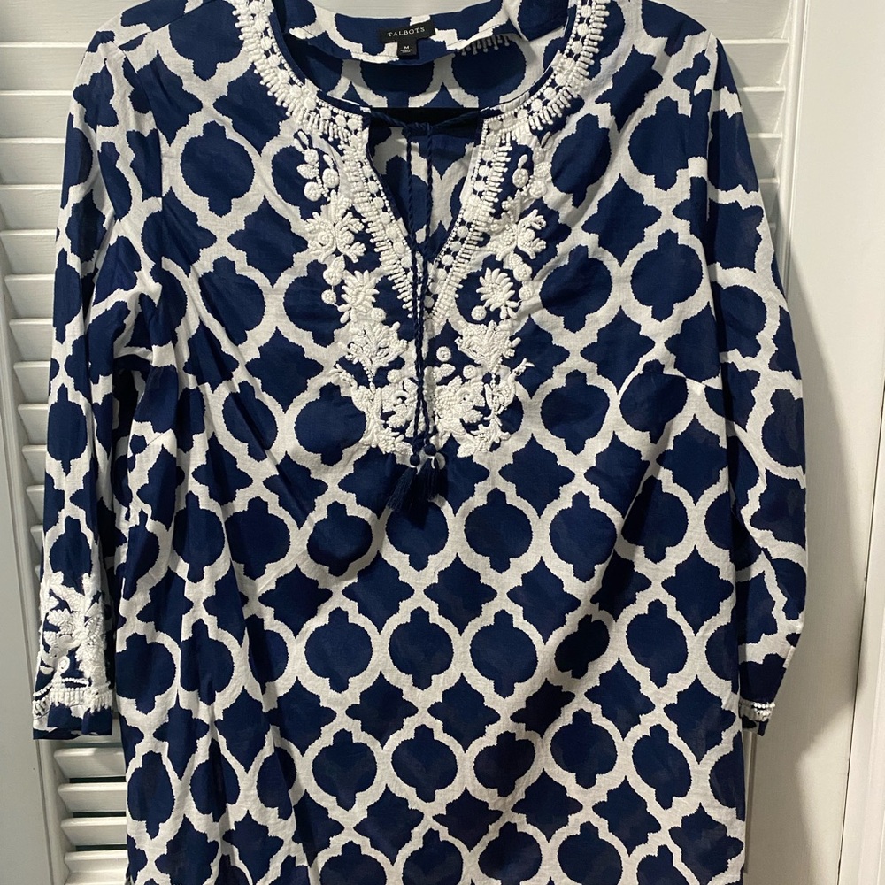 Navy and White Patterned Tunic Talbots sz M